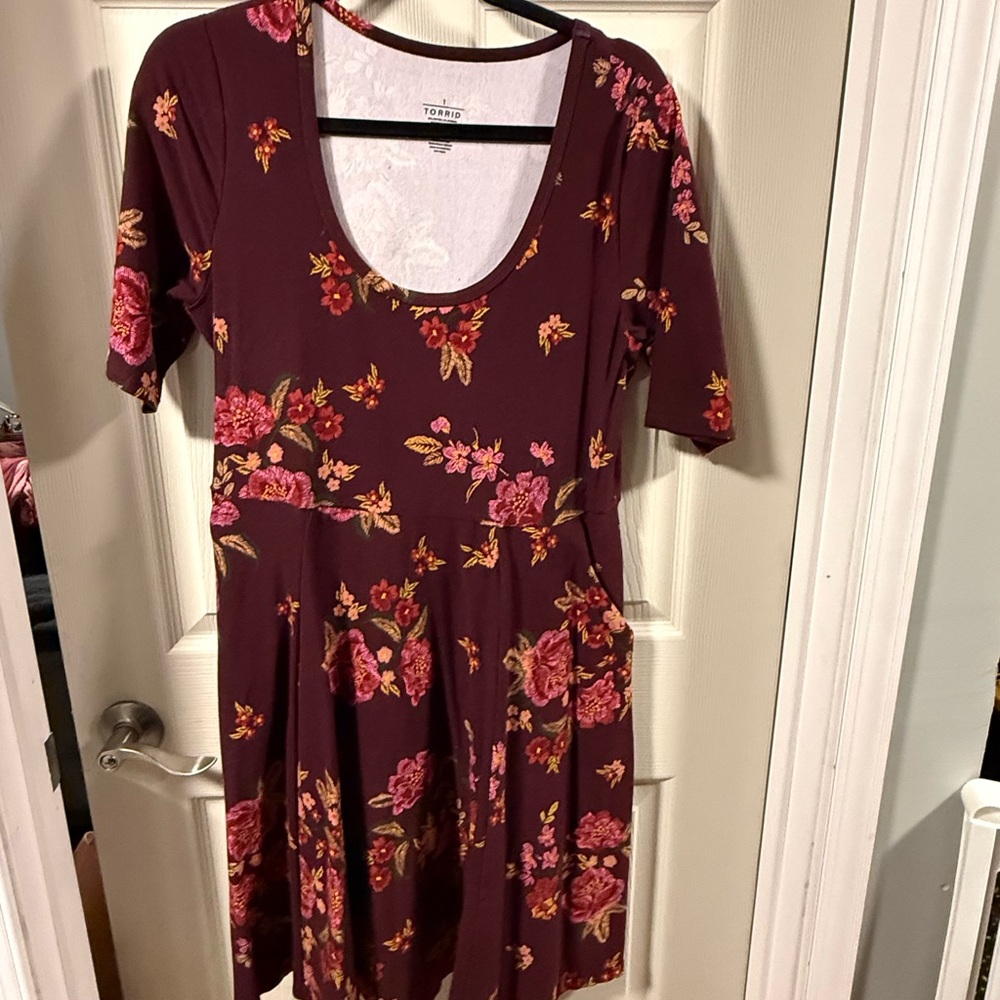 Torrid Burgundy Floral Scoop-Neck Midi Dress